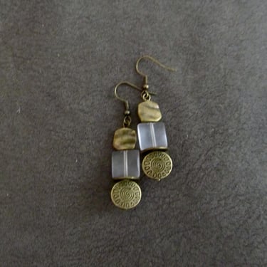 Sea glass earrings, boho chic earrings, tribal ethnic earrings, bold earrings, bronze earrings, unique artisan earrings, clear frosted glass 