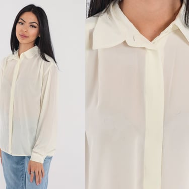 Cream Blouse 90s Semi-Sheer Button Up Top Pleated Draped Formal Preppy Collared Shirt Plain Minimalist Long Sleeve Vintage 1990s Large 12 