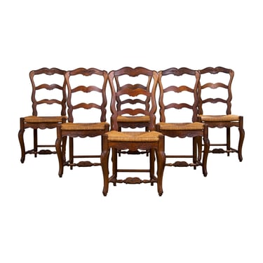 Antique Country French Louis XV Style Provincial Maple Dining Chairs W/ Rush Seats - Set of 6 