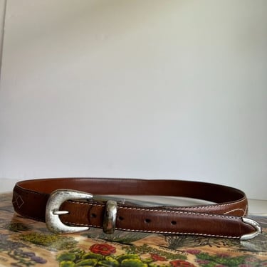 Brown Worn in Genuine Leather Western Stitched Silver Buckle Belt USA - L 