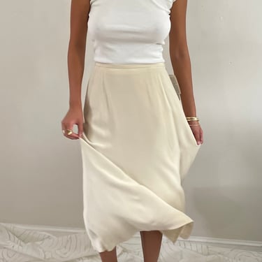 90s silk midi skirt / vintage cream bone silk gored flat front twirling midi skirt | 28 Waist 