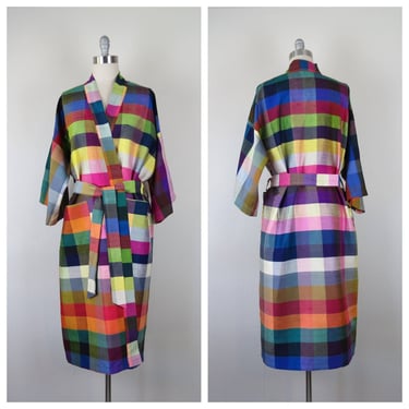 Vintage 1980s silk kimono robe, shantung, madras, duster, dressing gown, rainbow 
