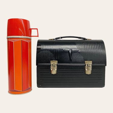 Vintage Thermos Lunchbox Retro 1970s Mid Century Modern + Victory + Black Metal + Dome Top + Lightweight + Insulated Thermos + Packed Lunch 