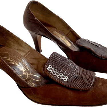 60s Brown Heels Vegan Suede Reptile Shoes 8 By Johansen