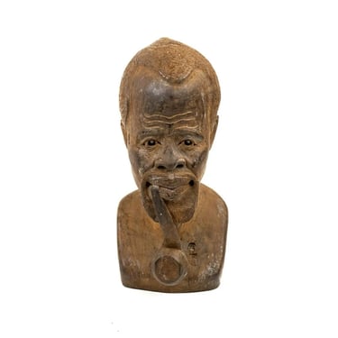 Mid 20th Century African Wood Carved Man Smoking Pipe Bust Sculpture 