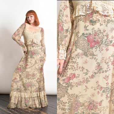 Vintage 1970s Dress / 70s Gunne Sax Black Label Floral Cotton Maxi Dress / Beige Pink ( S M ) 