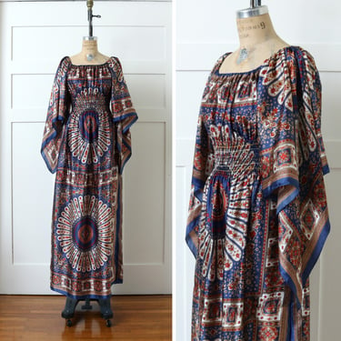 vintage 1970s scarf dress • bohemian hippie maxi dress in blues and red • mandala print & angel sleeves 