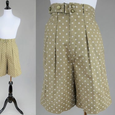 80s 90s Polka Dot Shorts - 27 waist - Pleated High Rise - Taupe and Off-White - Outback Red - Vintage 1980s 1990s - S 