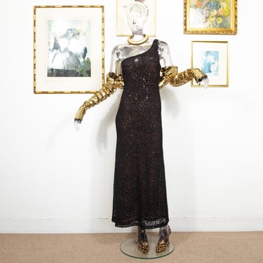 Vintage 1980s One Shoulder Bronze Black Glitter Gown Dress Leopard Print Velvet Overlay Size S 