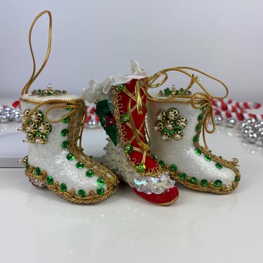 Vintage Bead & Sequin Push Pin Santa's Boot Ornament set of 3, Christmas Ornament, Green Gold Red Pushpin Boot Ornaments, Hand beaded pinned 