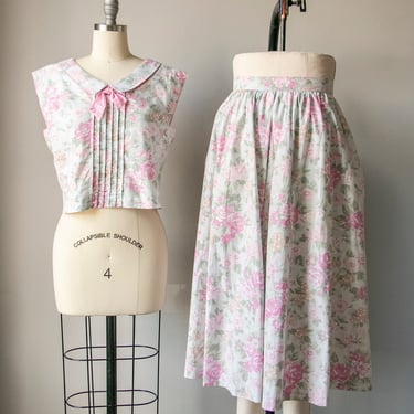 1980s Ensemble Floral Lanz Blouse Skirt Set M 