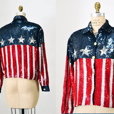 80s 90s Vintage USA Sequin Jacket American Flag USA Medium By Modi Red white and blue sequin Jacket Stars and Stripes USA America Olympics 