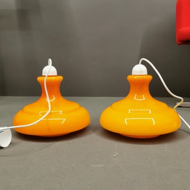 Pair of Vintage Orange Glass Pendant Lights, Made in Yugoslavia 1970s, Mid-Century Modern Lamps 
