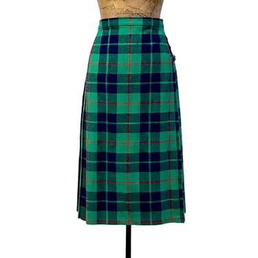 Vintage 1970s Green Plaid Wool Skirt, Fringed Pleated Back Tartan Kiltie Wrap, Glenisla Classics Scotland, Adjustable 26