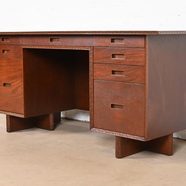 Frank Lloyd Wright Taliesin Mahogany Double Pedestal Executive Desk, Newly Restored