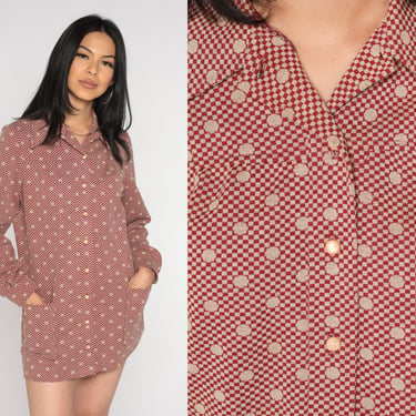 70s Blouse Red Button Up Top Checkered Dot Print Disco Shirt Dagger Collar Pockets Retro Preppy Seventies Long Sleeve Vintage 1970s Medium 