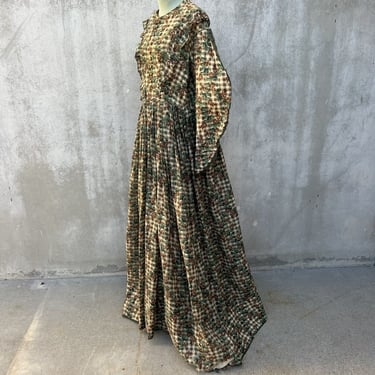 Antique Victorian Green Wool Dress With Train Tree Branch Calico Print Vintage