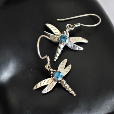 Whimsical 90's spinel sterling dragonfly boho bling dangles, 925 silver blue gems abstract winged insect earrings 