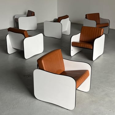 1 of 12 Mid-Century Modern Armchairs in Brown Faux Leather with White Wooden Frames, 1980s Italy 