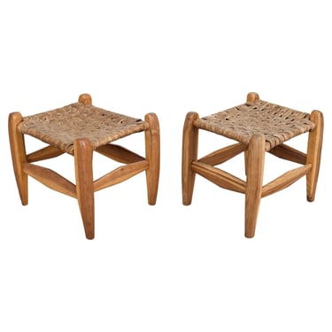 Pair of Primitive Woven Hickory Bark Rush Stools