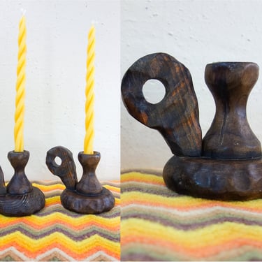 Set of 2 rustic raw wood taper candleholders 4.5 x 4.25