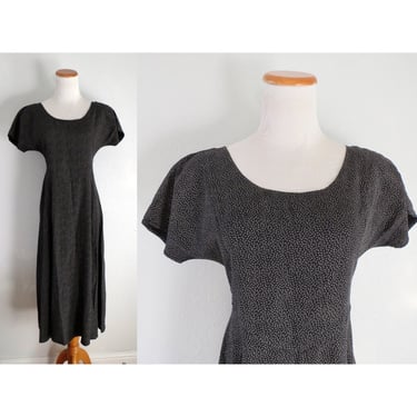 90s Midi Dress - Vintage Black Ditsy Print Rayon Dress - All That Jazz - Size Medium 