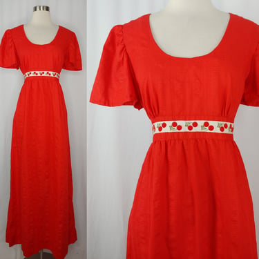 Vintage Seventies Small Red Short Sleeve Maxi Dress with Cherry Print Ties at Waist - 70s Flutter Sleeve Empire Waist Long Dress 