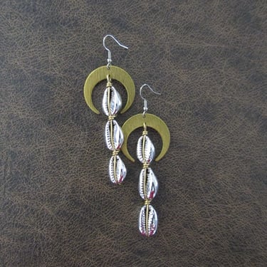 Long cowrie shell earrings, brass and silver 