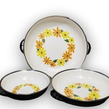 3 Vintage Ekco Country Garden Cooking Pans, Groovy Mod Flower Power, Porcelain Clad Cookware, Floral Enamel Servers, Italy, Vintage Kitchen 