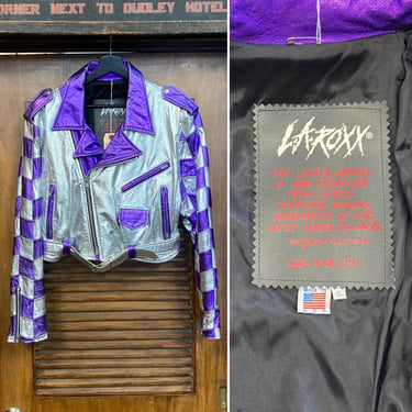 Vintage 1980’s “L.A. Roxx” Silver x Purple New Wave Cropped MC Leather Jacket, 80’s Harlequin, 80’s Punk, Vintage Clothing 