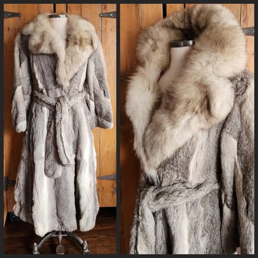 70s Gray Fur Boho Coat Belted Fox & Rabbit Medium 