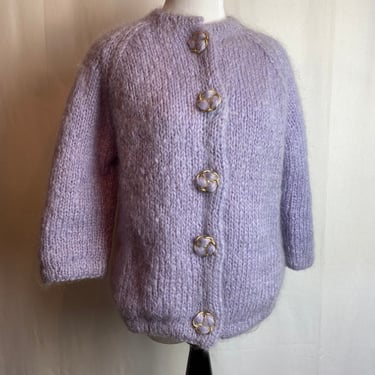 50’s-60’s vintage woolen cardigan ~Fuzzy lavender Italian mohair sweater chubby boxy knit bracelet sleeves preppy mod size Medium 
