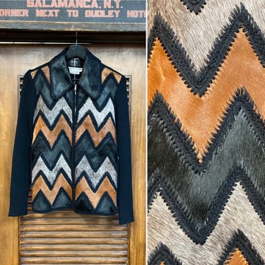 Vintage 1960’s Zig Zag Mod Pony Fur Animal Print Knit Sweater, 60’s Zipper Sweater, Vintage Clothing 