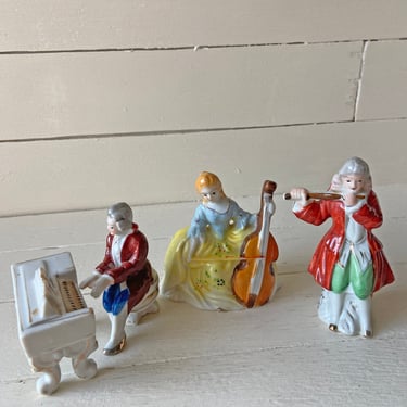 Vintage Hand Painted Colonial Set of Woman Playing Cello, Man Playing Piano, And Man Playing Violin // Set of 4 Colonial Musical Set // Gift 