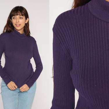 Purple Turtleneck Sweater Y2K Ribbed Knit Shirt Long Sleeve Sweater Top Tight Tee Turtle Neck Plain Acrylic Blend Vintage 00s Medium M 