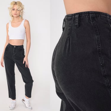 Vintage Black Jeans 90s Flat Back Mom Jeans Lizwear Relaxed High Rise Denim Pants Tapered Ankle Retro 1990s Small 4 Petite P 