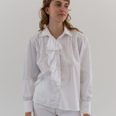 Vintage White Cotton Ruffle Puff Sleeve Button Up Shirt | Simple Blouse Pleats | Romantic | M | CA025 