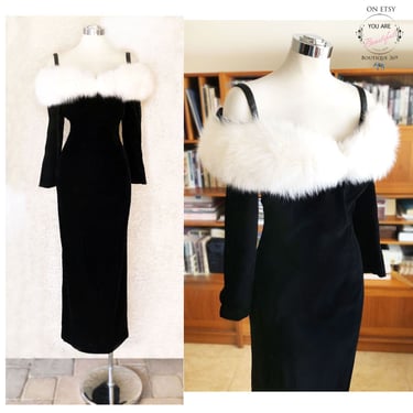 Vintage VICTOR COSTA Designer Evening Gown, White Fur, Black Velvet Long Dress, size Medium 