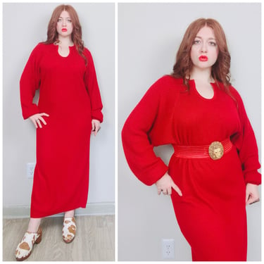 1980s Vintage Orviedo Maroon Acrylic Knit Cocoon Dress / 80s / Eighties Dolman Sleeve Split Neck Dress / Size Medium - XL 