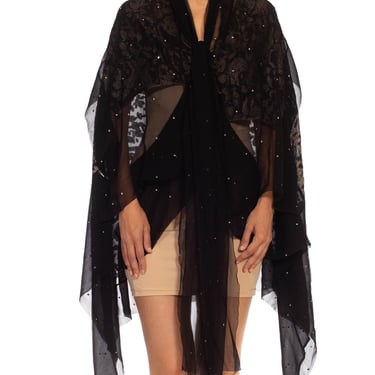 1920S Black Silk  Lamé Chiffon Evening Wrap Kimono With Crystals 