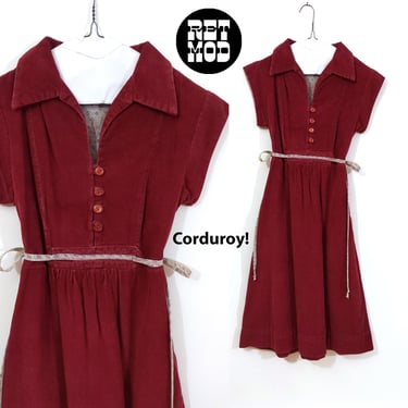 Cool Vibes Vintage 70s 80s Maroon Corduroy Waist Tie Mid-Length Dress with Floral Ties & Lining 