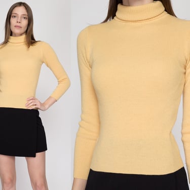 XS 70s Butter Yellow Lightweight Turtleneck Sweater | Vintage Fitted Knit Pullover 