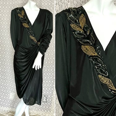 Glam Wrap Style Dress, Cocktail, Beaded, Draped, Deep Vee, Vintage 70s 80s 