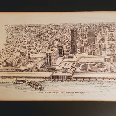 Original signed artwork by Paul Blackwell. Ink and hand colored SKYLINE of LOUISVILLE KENTUCKY 