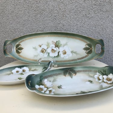 Vintage porcelain dish trays set 3 green gold poppy flowers oblong hand painted Tillowitz Telesia R S Germany 