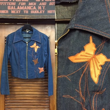 Vintage 1970’s Denim Embroidery Butterfly Appliqué Cropped Jacket, Vintage Denim, Above the Crowd, 70’s Style, Vintage Clothing 