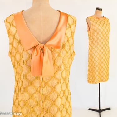 1960s Gold Lace Cocktail Dress | 60s Gold Lace Sleeveless Shift Dress | Large 