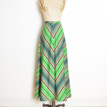 vintage 70s maxi skirt green chevron stripe print long full high waisted XS clothing 