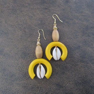 Bold chunky cowrie shell and yellow wooden earrings 