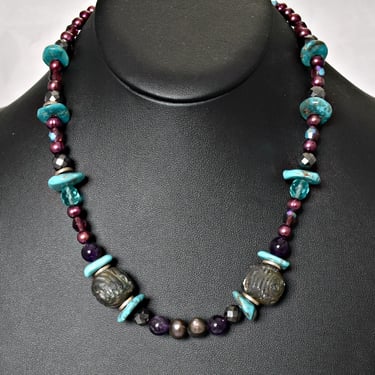 80's 925 sterling silver turquoise lava pearls amethyst blue & AB crystal bead goth necklace 